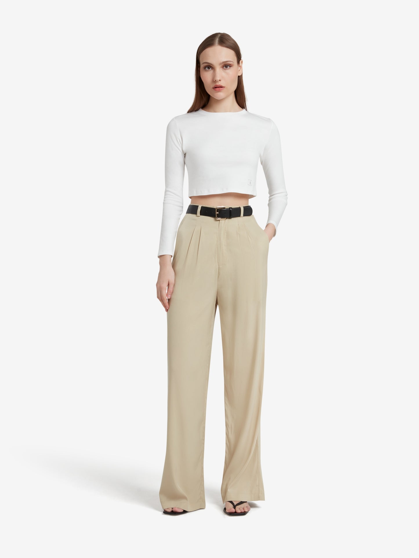 Cupro High Waisted Wide Leg Trousers - Beige