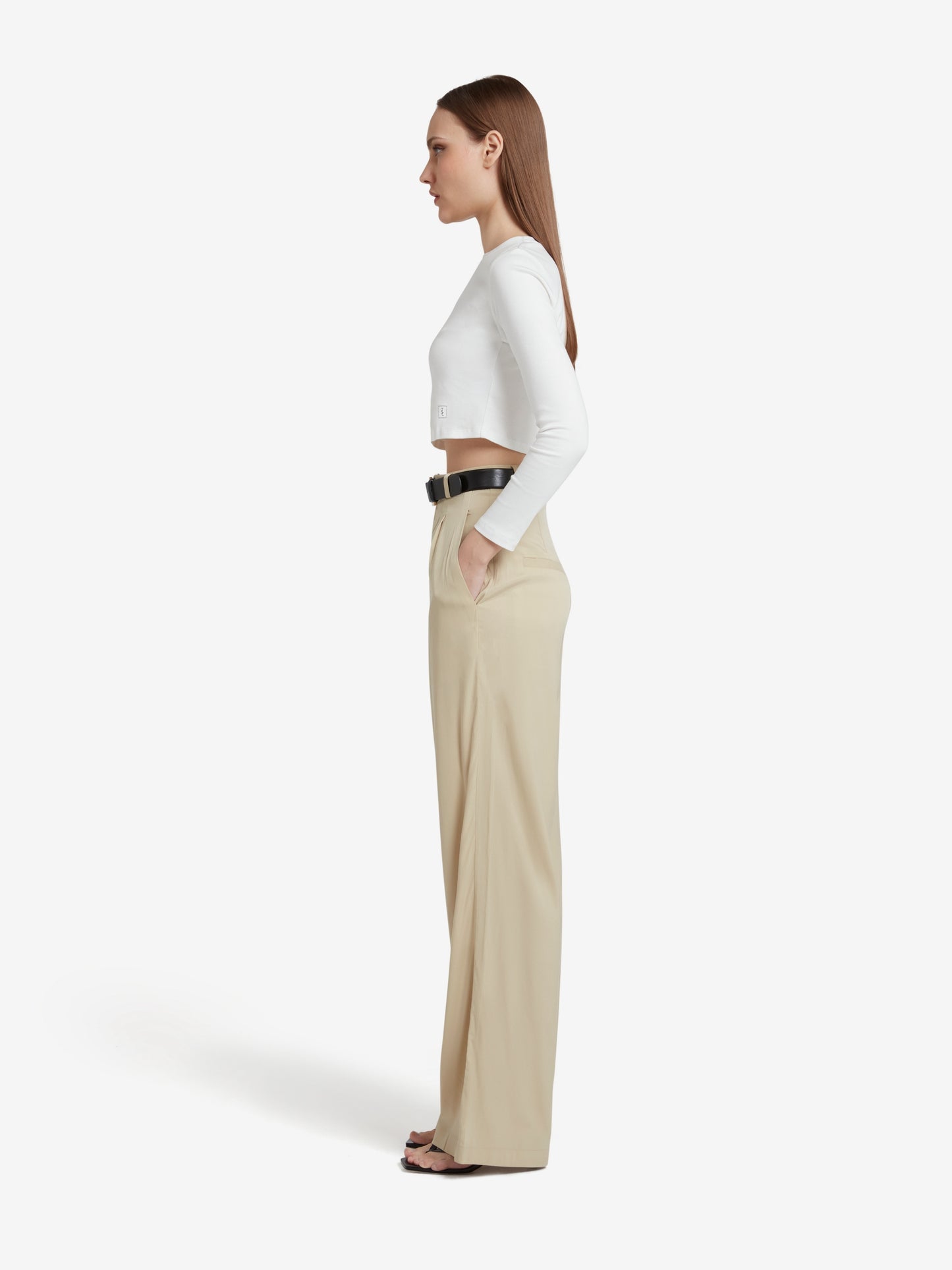 Cupro High Waisted Wide Leg Trousers - Beige