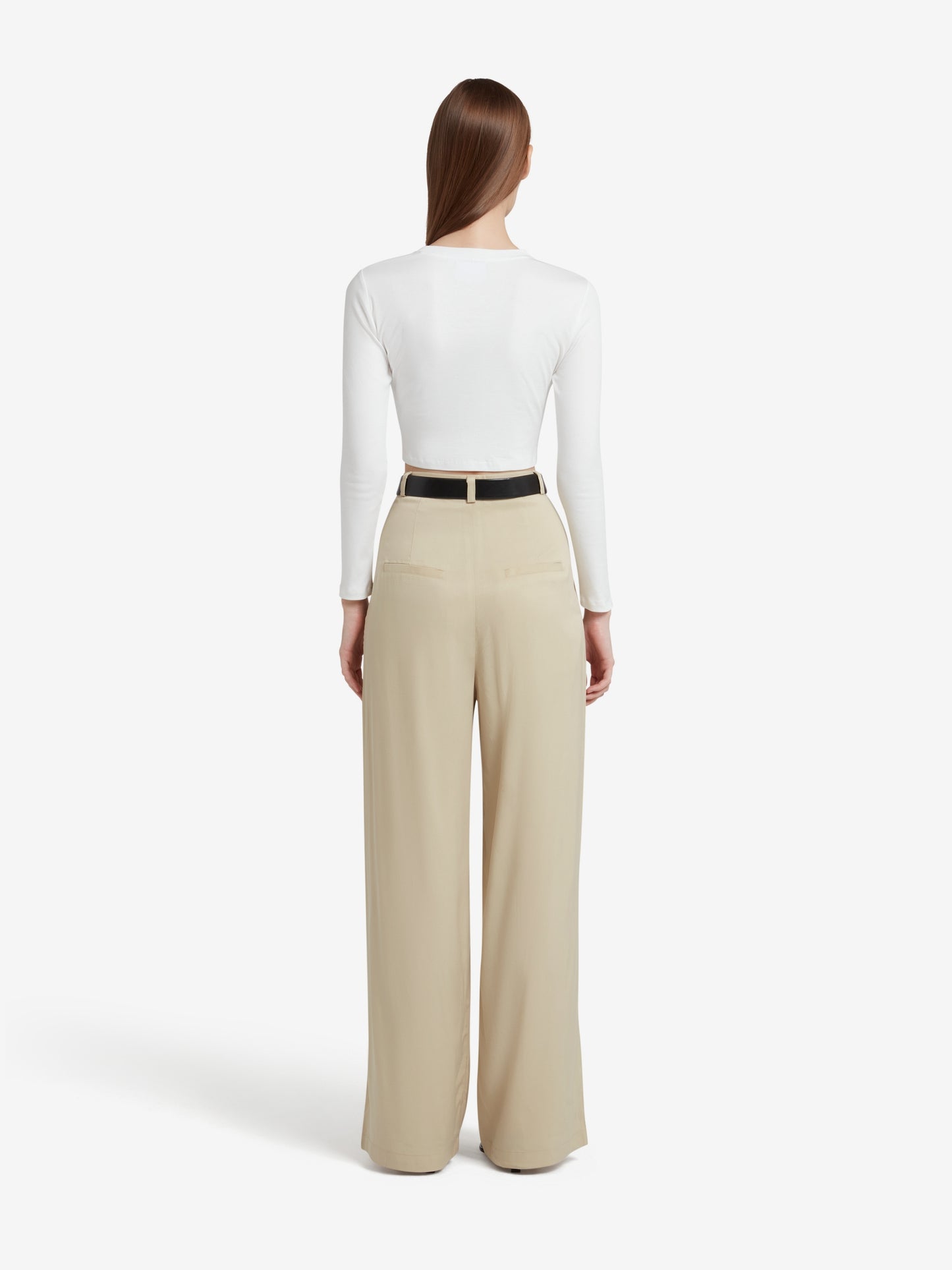 Cupro High Waisted Wide Leg Trousers - Beige