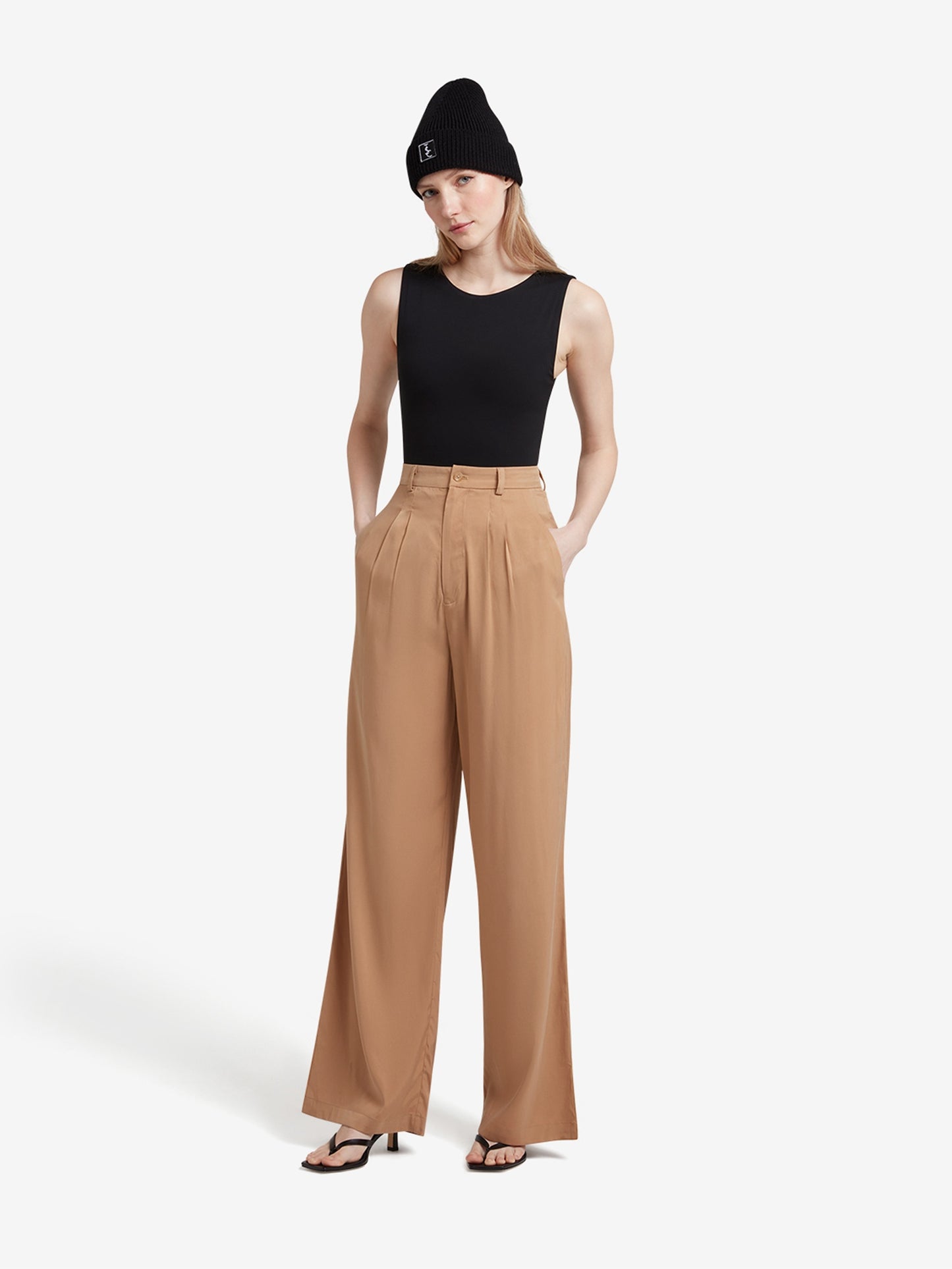 Cupro High Waisted Wide Leg Trousers - Light Brown
