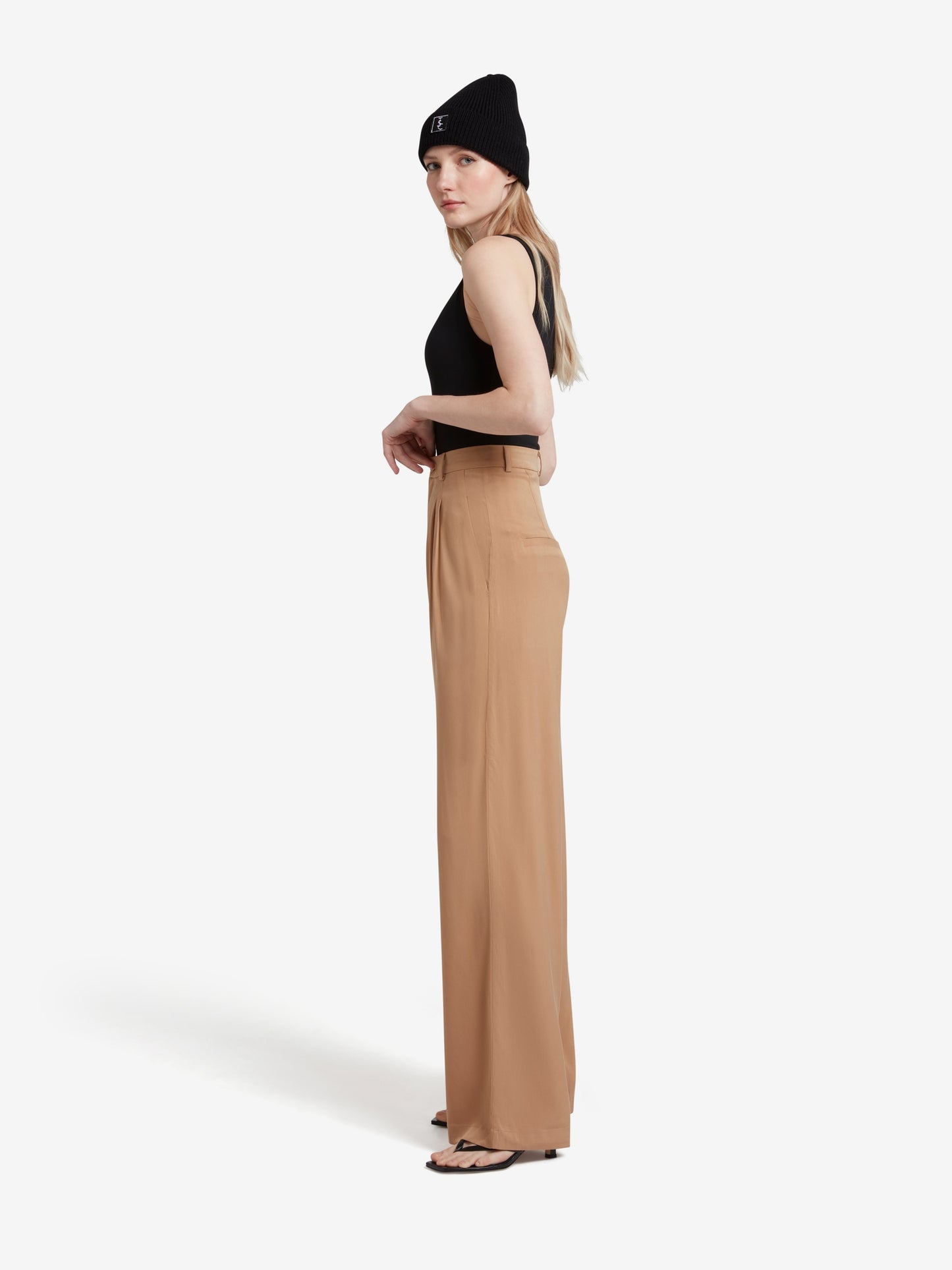 Cupro High Waisted Wide Leg Trousers - Light Brown