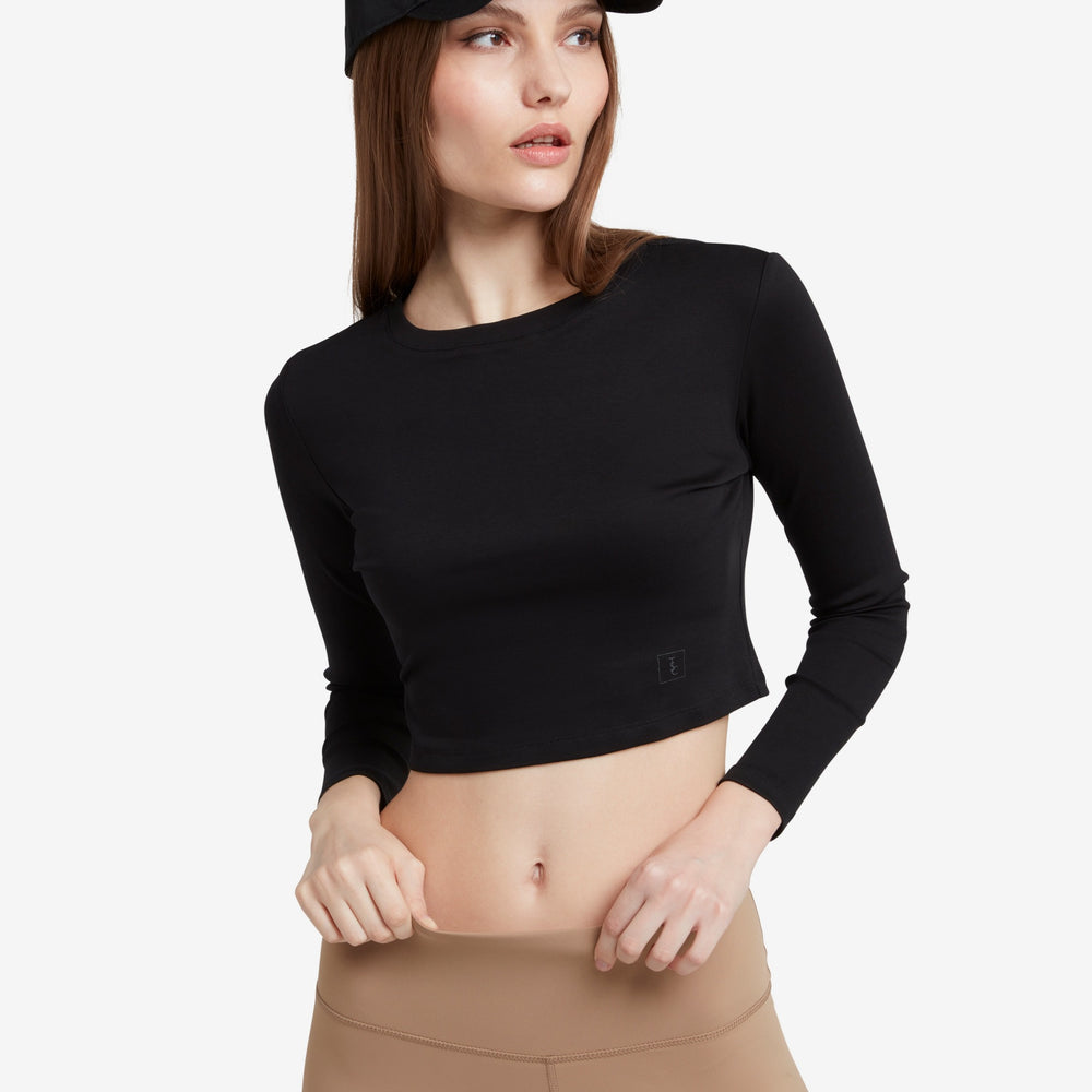 
                  
                    The Signature Long Sleeved Cropped Cotton Top - Black
                  
                